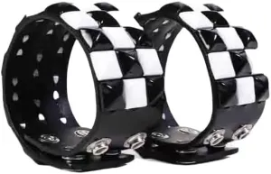 2PCS Black and White Genuine Leather Punk Bracelet Cuff with Spikes Studs & Rivets - Adjustable Snap Button Metal Wristband Wrap Bangle for Men Women, Gothic Halloween Accessories
