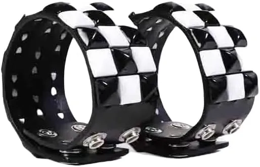 2PCS Black and White Genuine Leather Punk Bracelet Cuff with Spikes Studs & Rivets - Adjustable Snap Button Metal Wristband Wrap Bangle for Men Women, Gothic Halloween Accessories