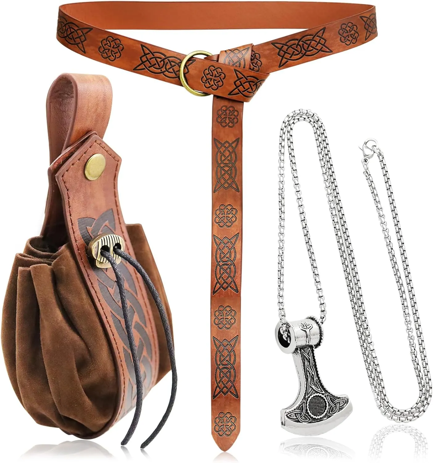 3 Pieces Medieval Viking Leather Belt, Retro Drawstring Belt Bag Pouch and Stainless Steel Chain Axe Necklace, Renaissance Knight Accessories Set for LARP Ren Faire Costume Brown