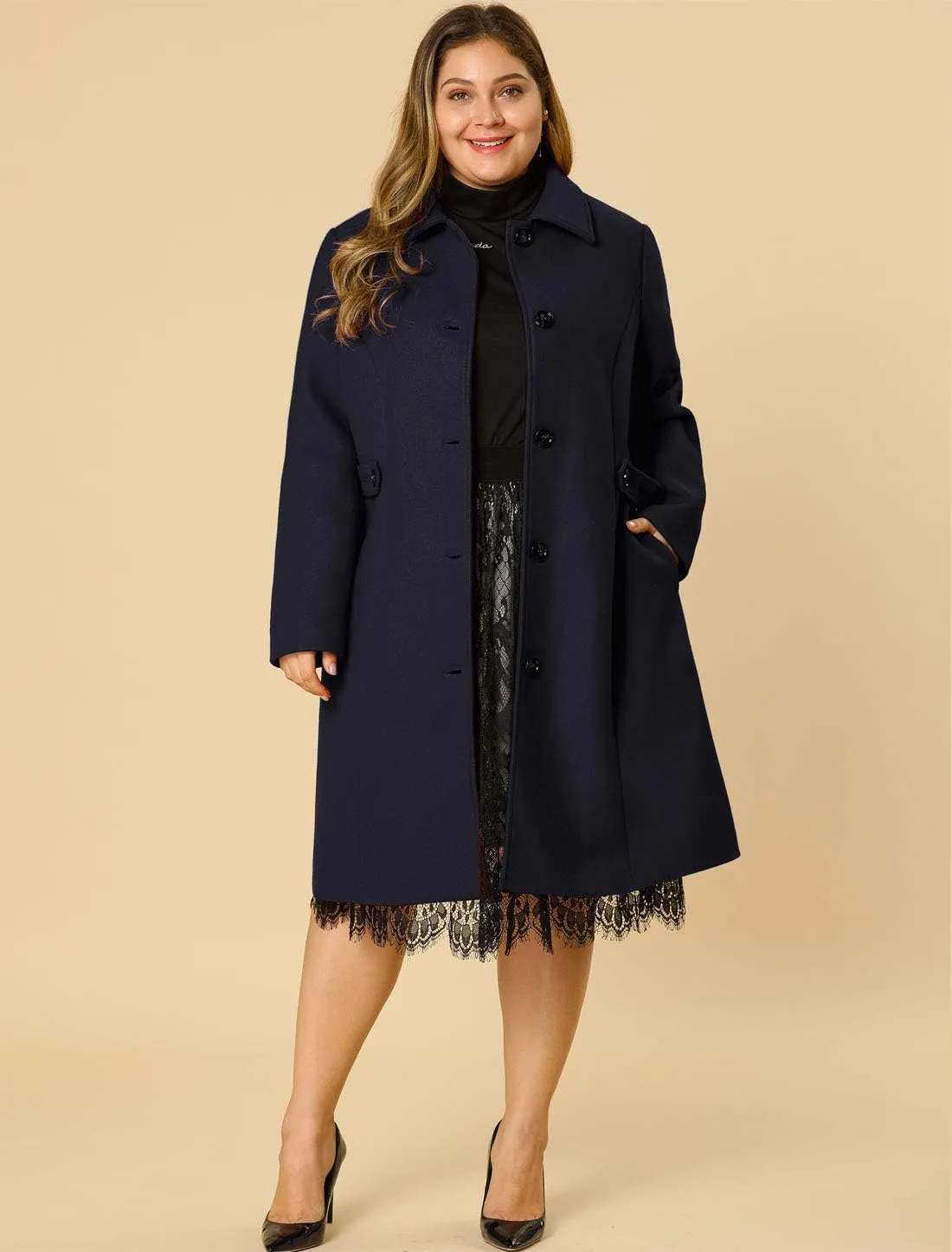 Agnes Orinda Women's Plus Size Single Breasted Belted Winter Long Coat