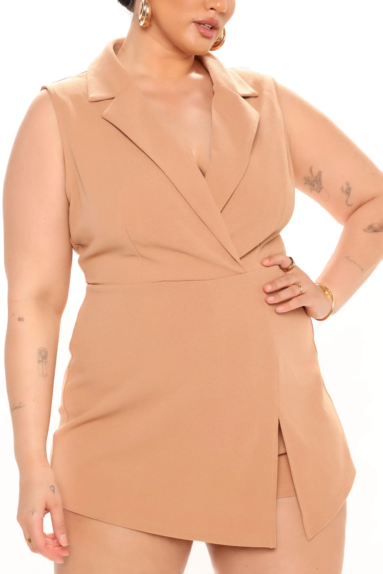 All Business Blazer Romper - Camel
