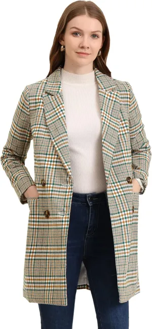 Allegra K Women's Double Breasted Notched Lapel Plaid Trench Blazer Coat