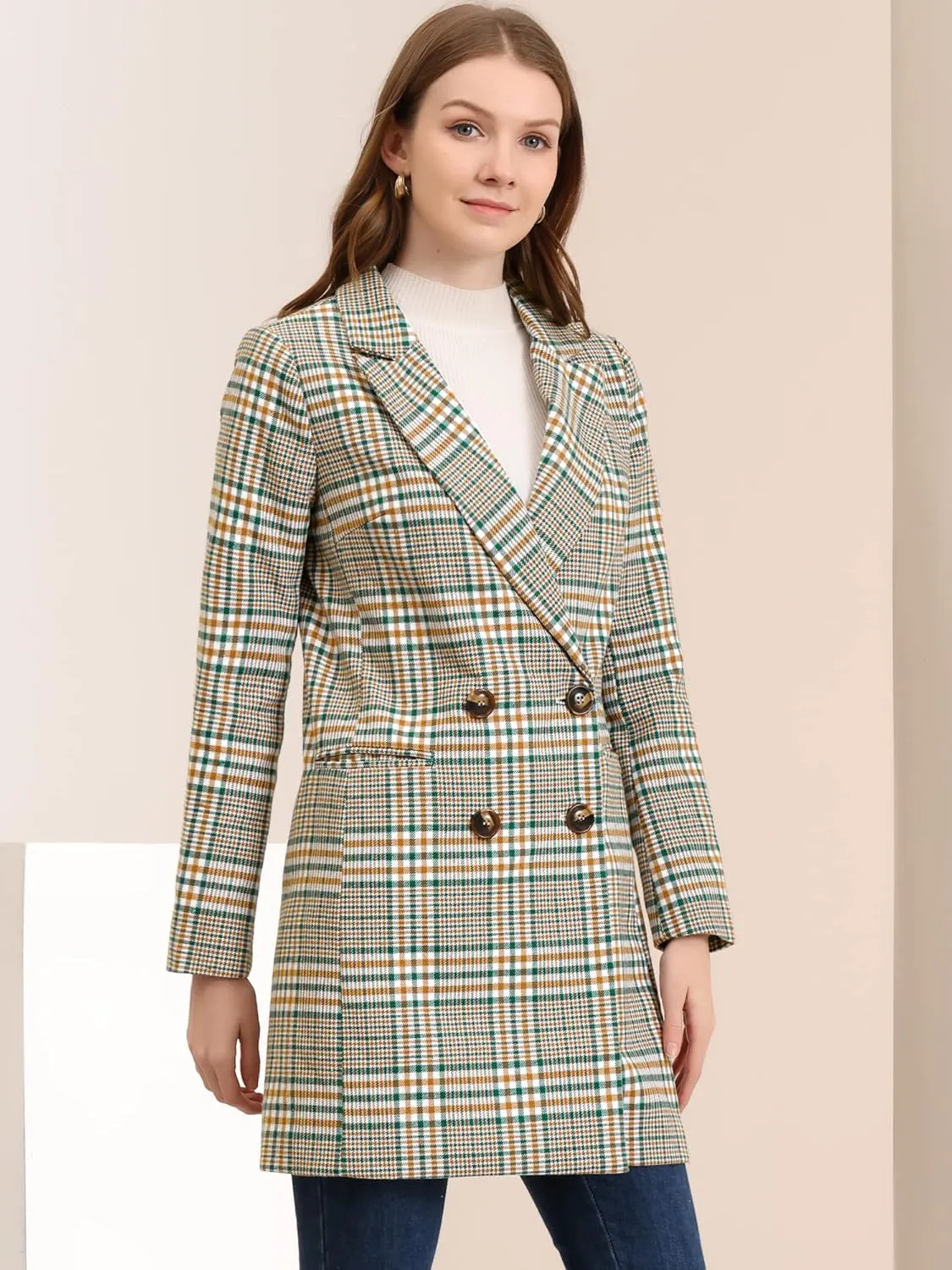 Allegra K Women's Double Breasted Notched Lapel Plaid Trench Blazer Coat