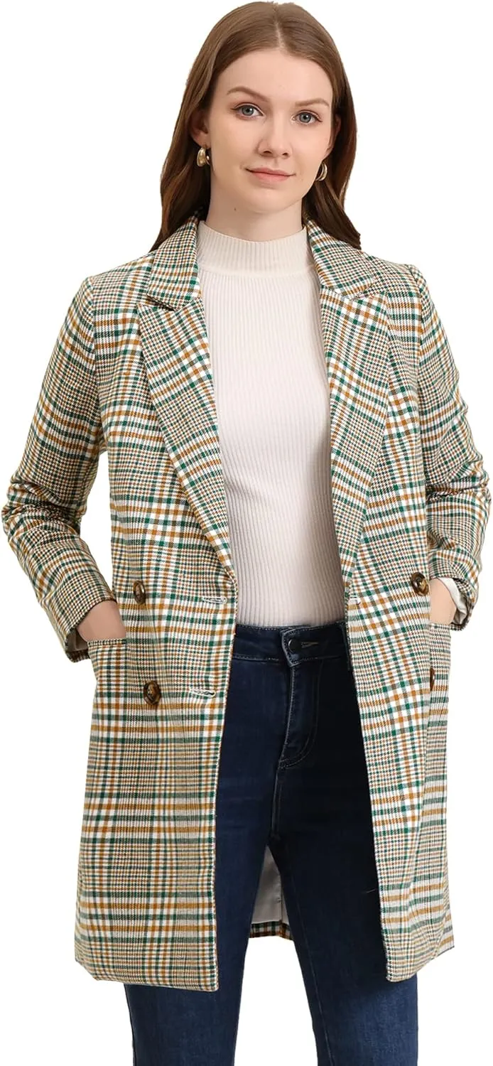 Allegra K Women's Double Breasted Notched Lapel Plaid Trench Blazer Coat