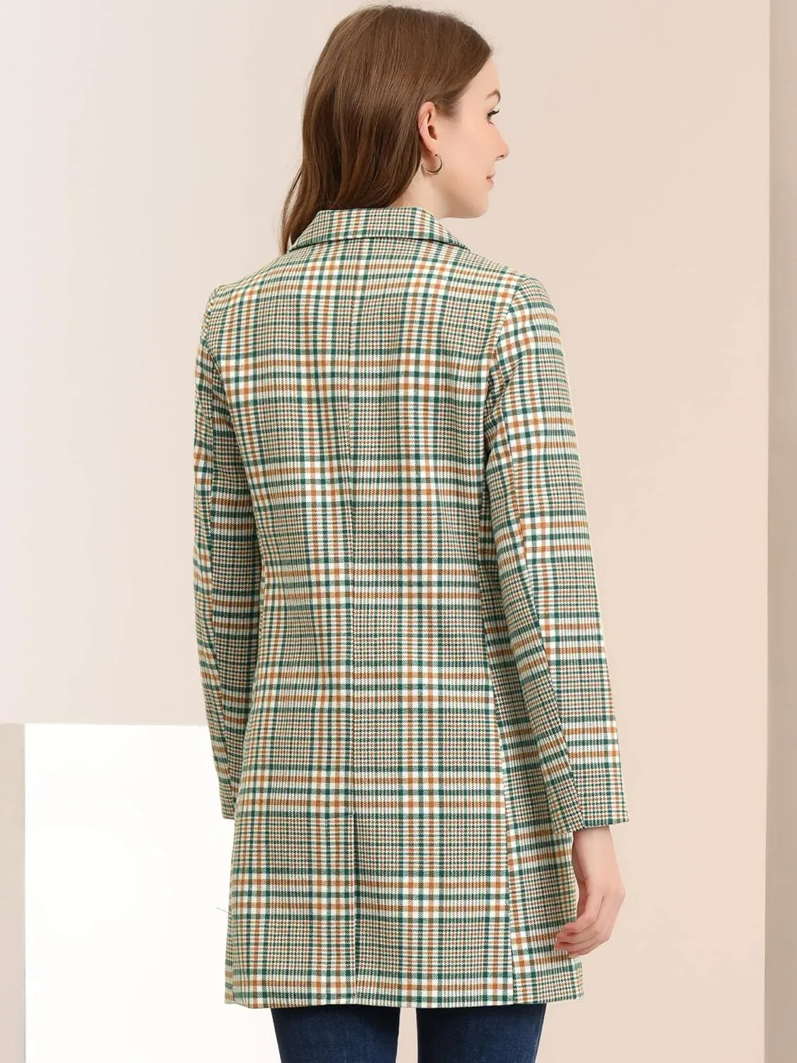 Allegra K Women's Double Breasted Notched Lapel Plaid Trench Blazer Coat