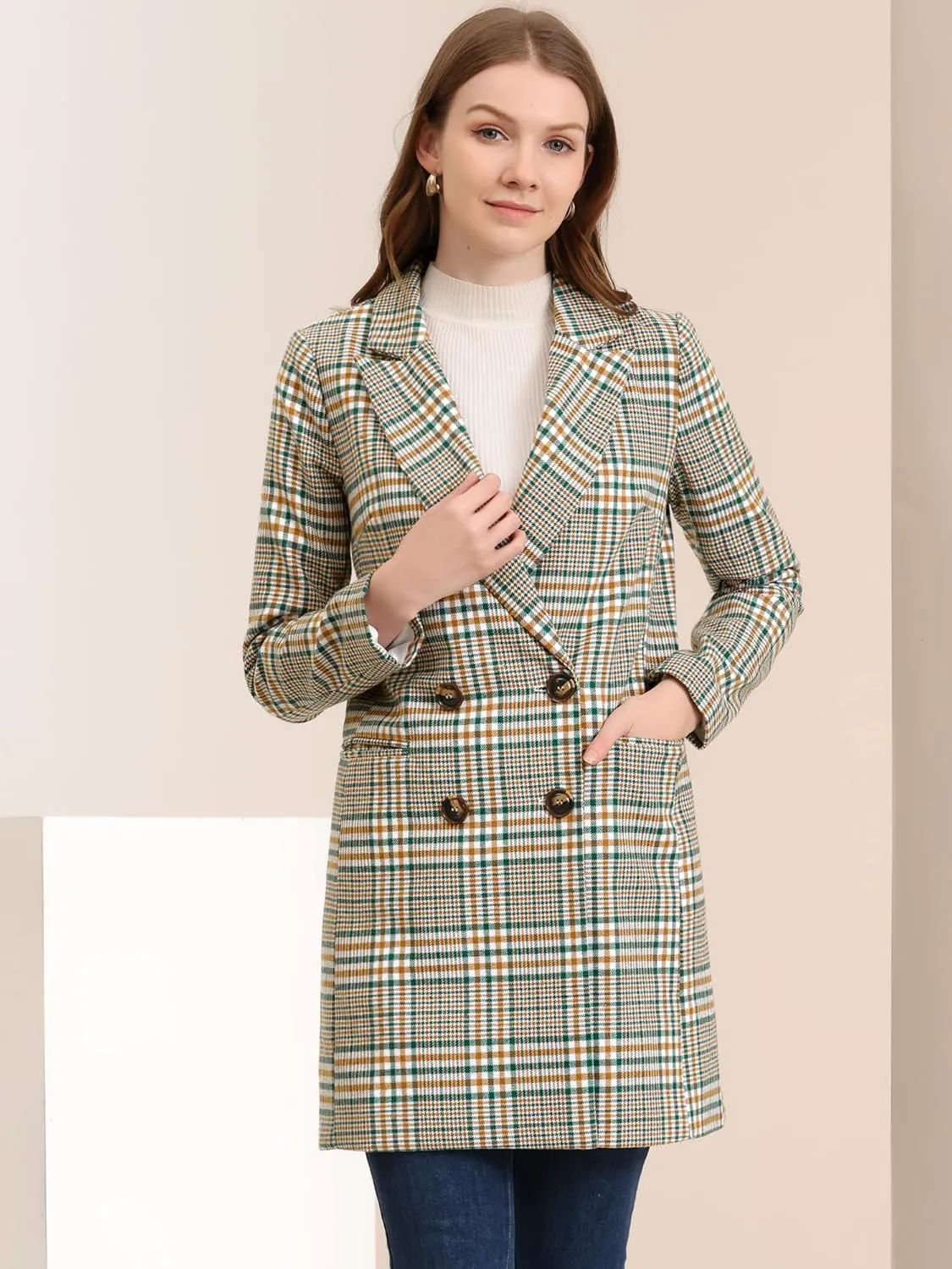 Allegra K Women's Double Breasted Notched Lapel Plaid Trench Blazer Coat