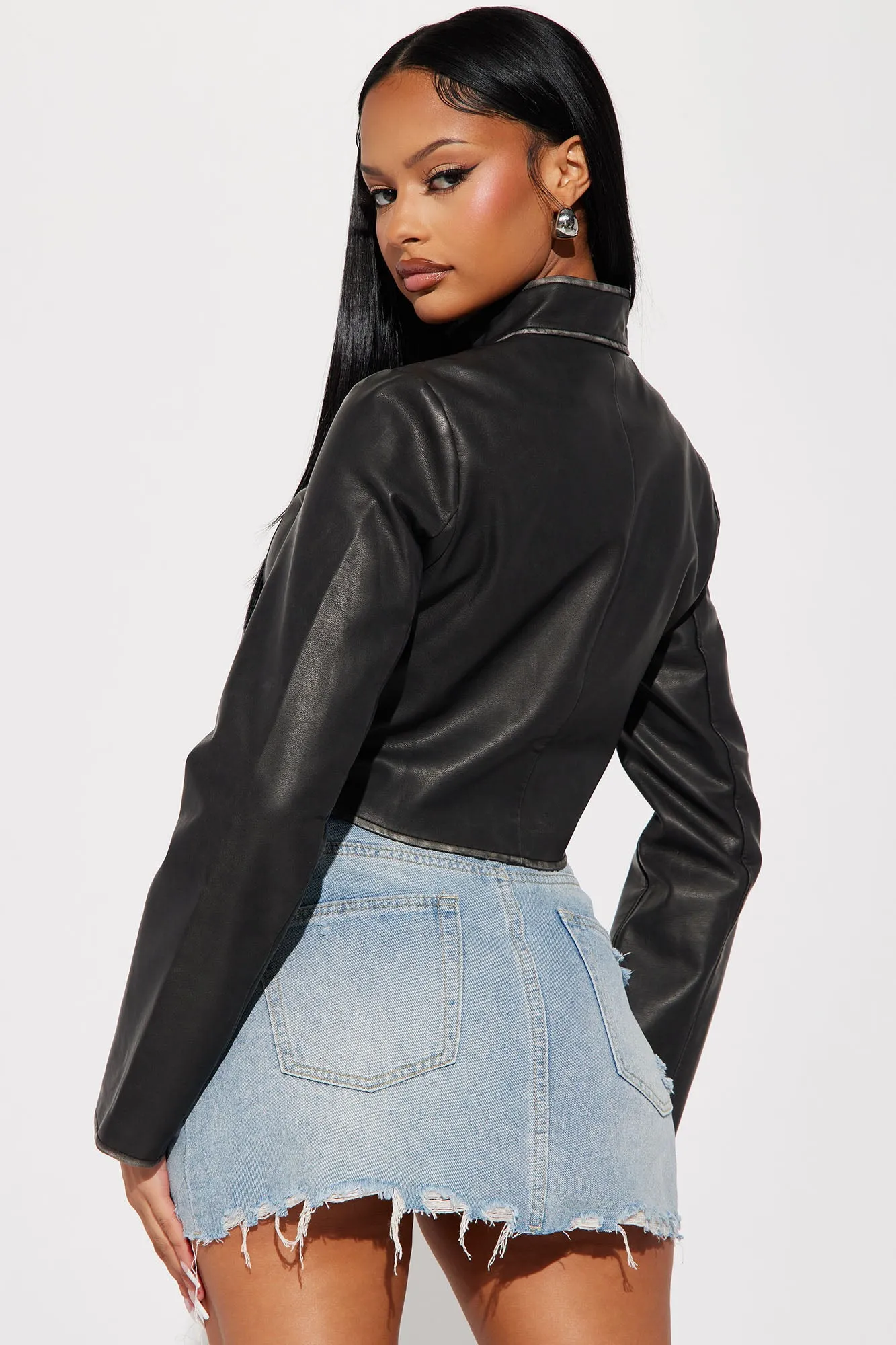 Ava Washed Faux Leather Jacket - Black