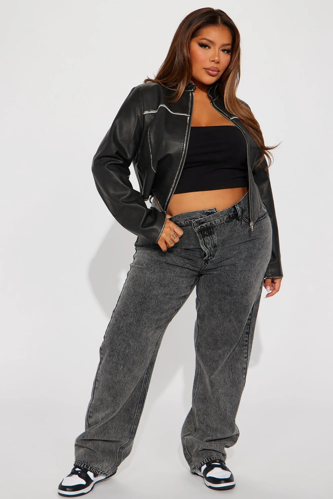 Ava Washed Faux Leather Jacket - Black