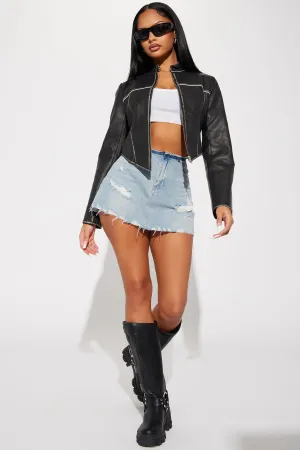 Ava Washed Faux Leather Jacket - Black
