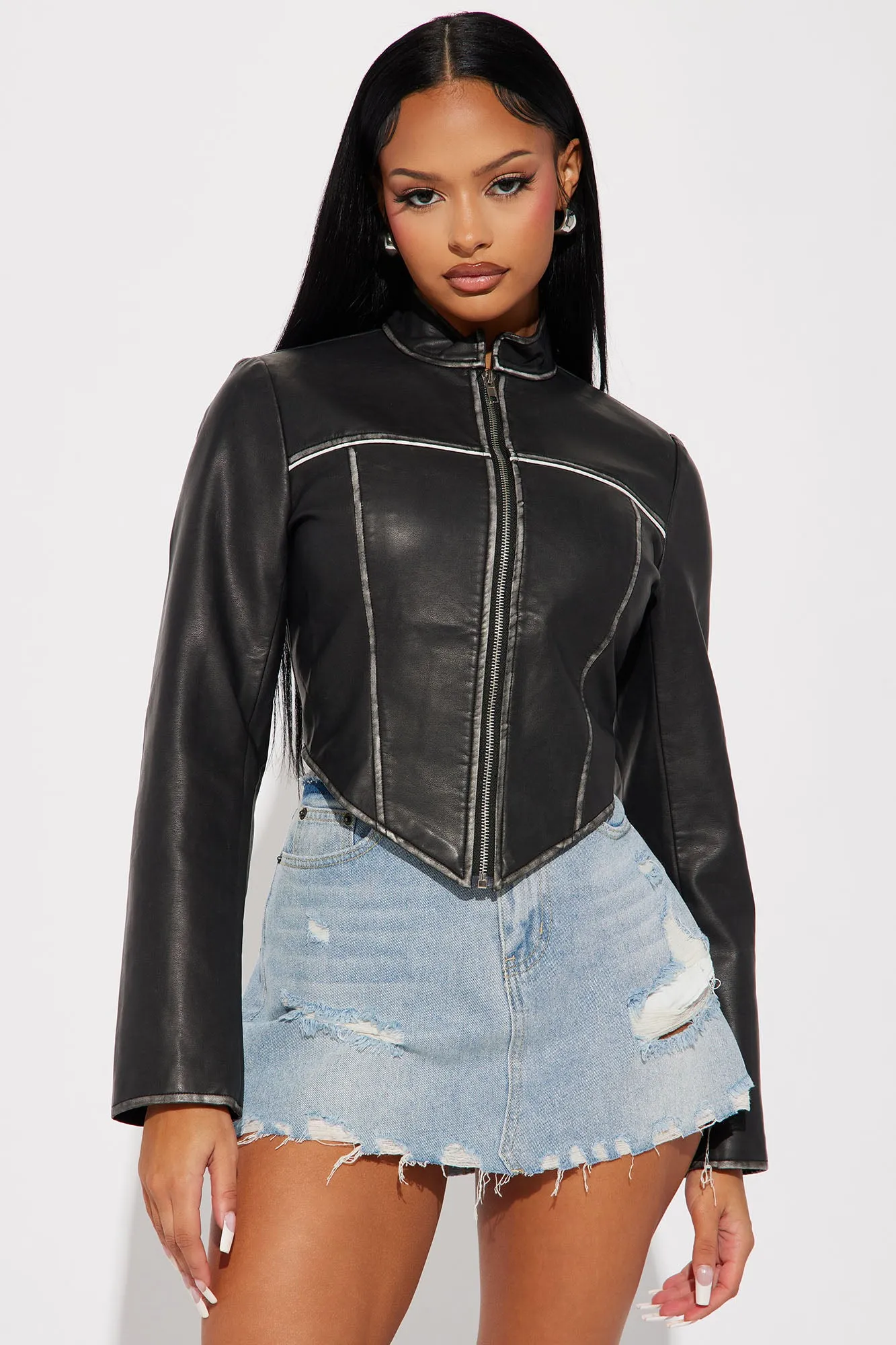 Ava Washed Faux Leather Jacket - Black