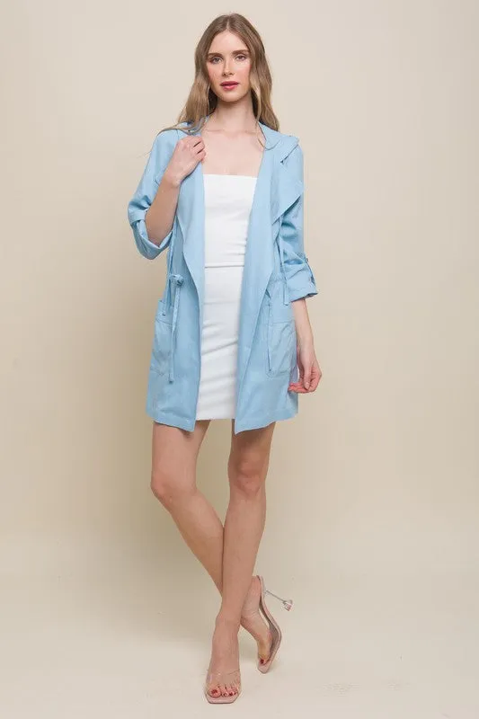 Baby Blue Open Front Hoodie Trench Linen Jacket