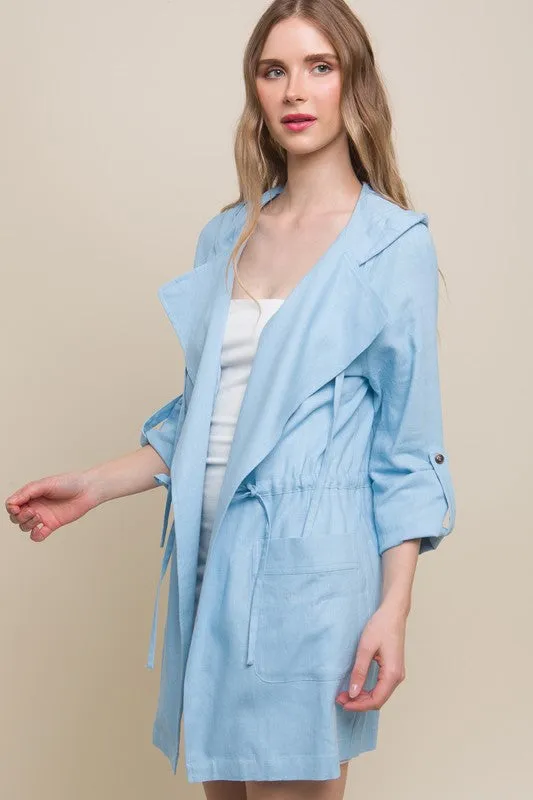 Baby Blue Open Front Hoodie Trench Linen Jacket