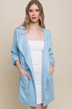 Baby Blue Open Front Hoodie Trench Linen Jacket
