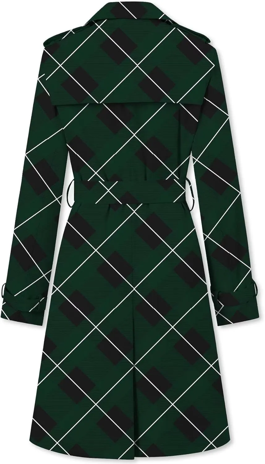 Betusline Women's Double Breasted Classic Windbreaker Jacket Lapel Overcoat Outerwear Plaid Long Trench Coat with Belt