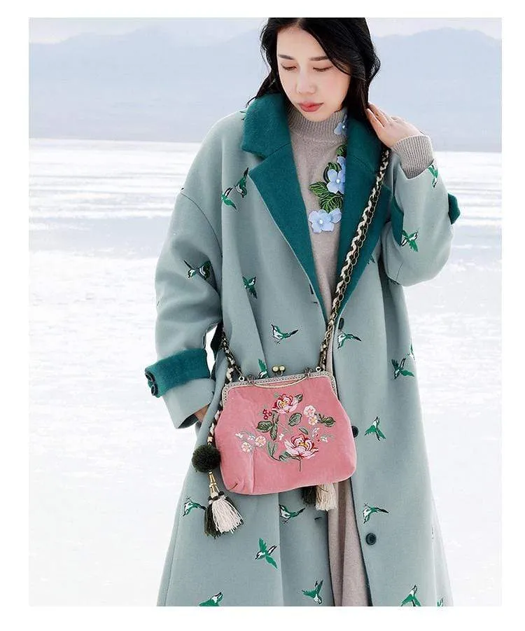 Bird Embroidered Wool Trench Coat | Mandala