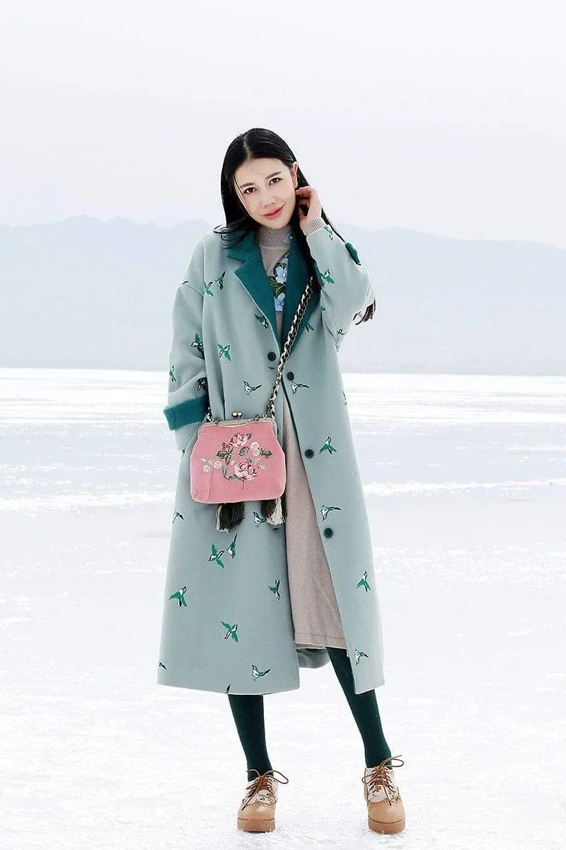Bird Embroidered Wool Trench Coat | Mandala