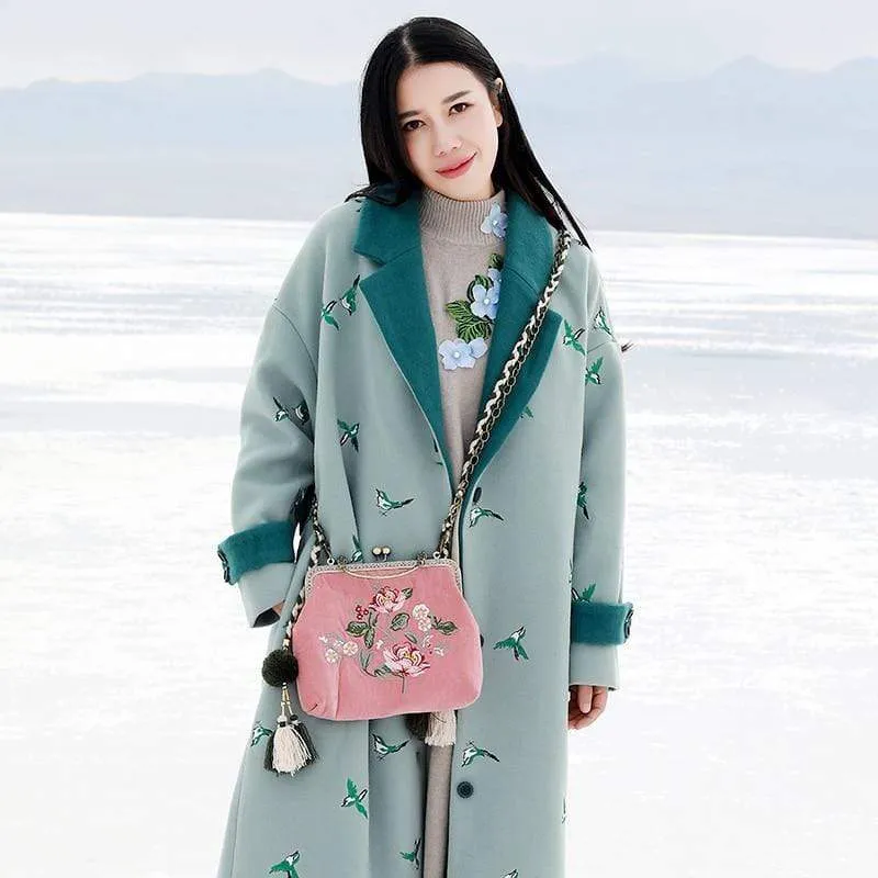 Bird Embroidered Wool Trench Coat | Mandala