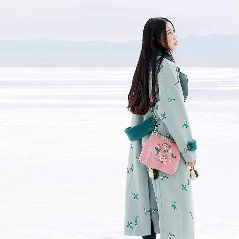Bird Embroidered Wool Trench Coat | Mandala