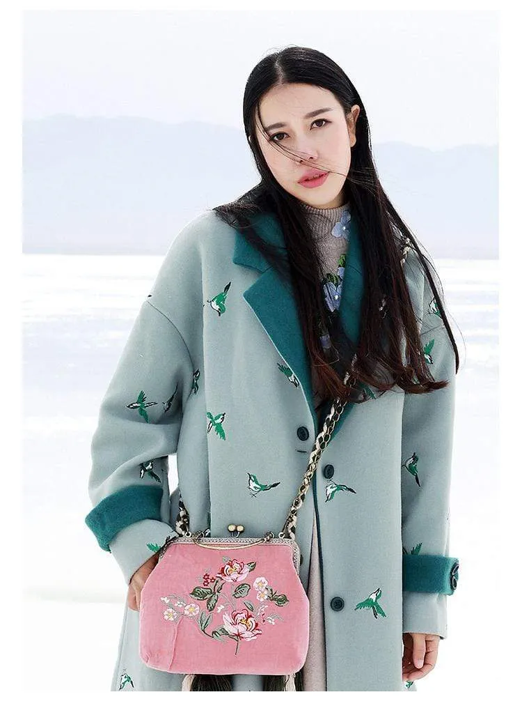 Bird Embroidered Wool Trench Coat | Mandala