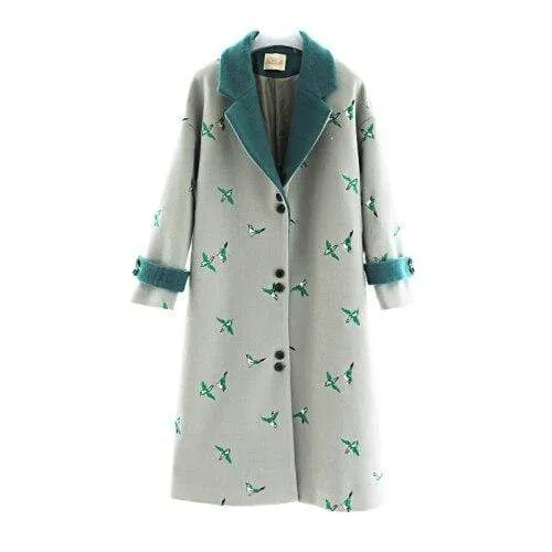 Bird Embroidered Wool Trench Coat | Mandala