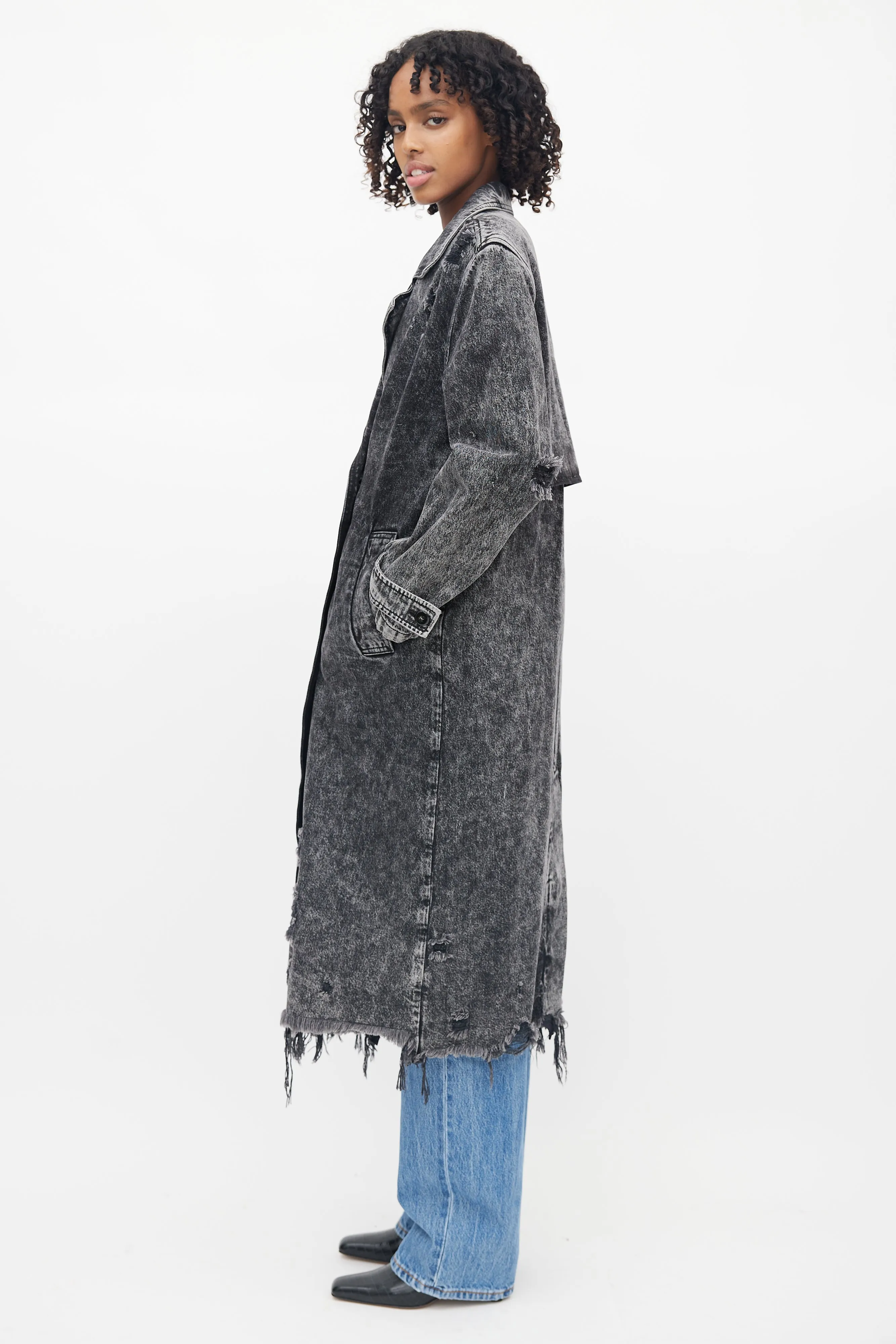 Black Distressed Double Breasted Trench Coat