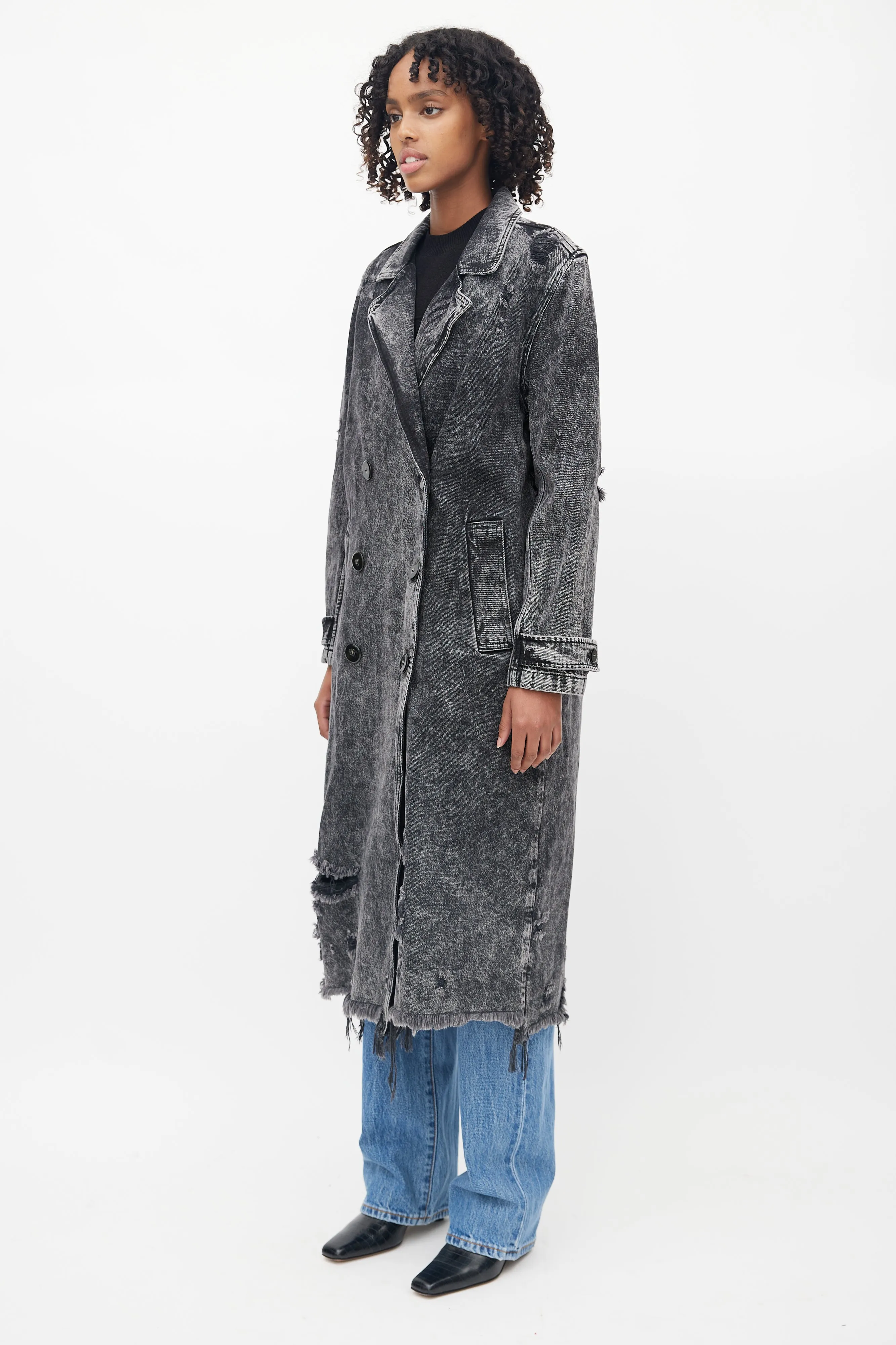 Black Distressed Double Breasted Trench Coat