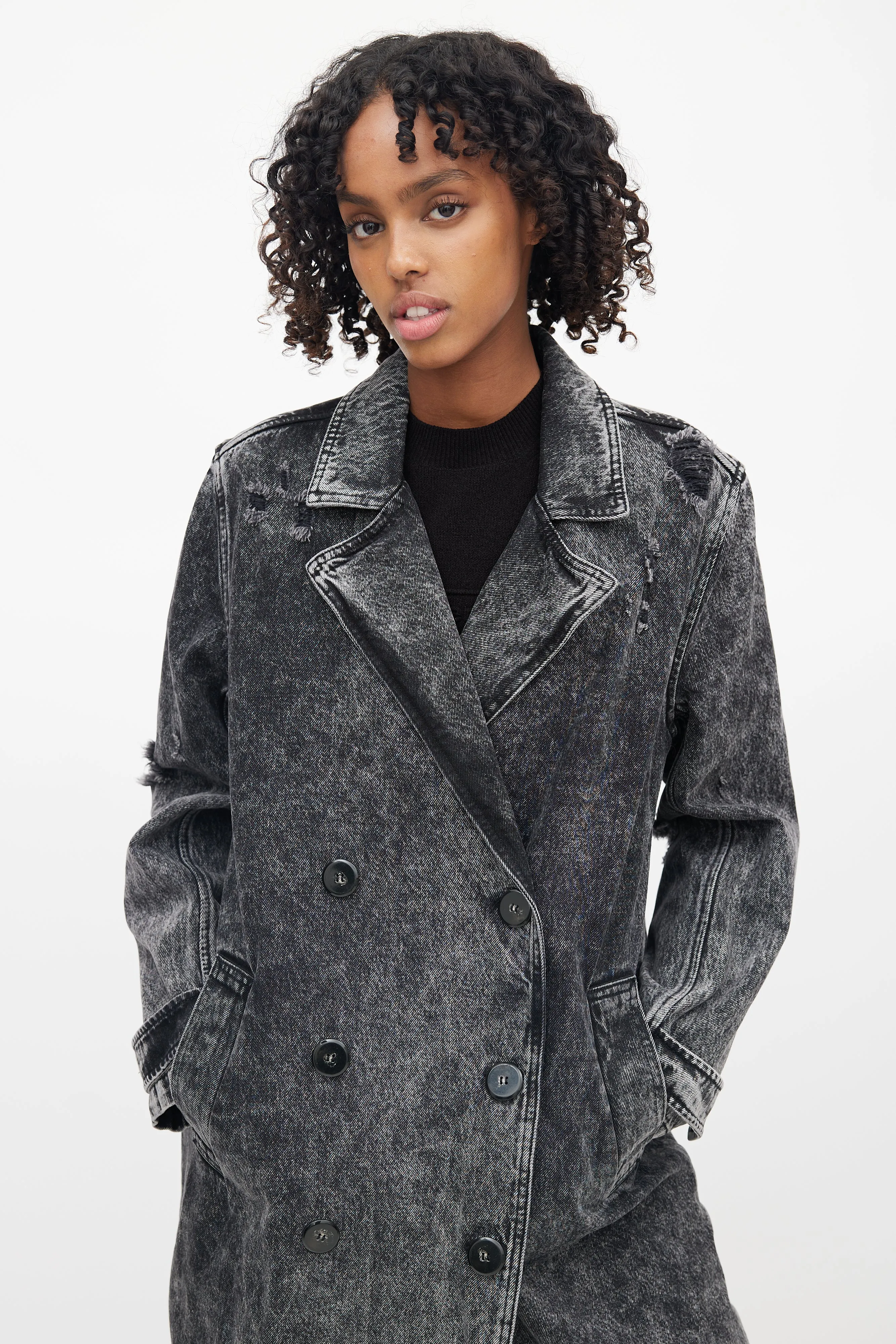 Black Distressed Double Breasted Trench Coat
