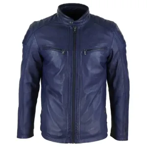Blue Biker Style Genuine Leather Jacket