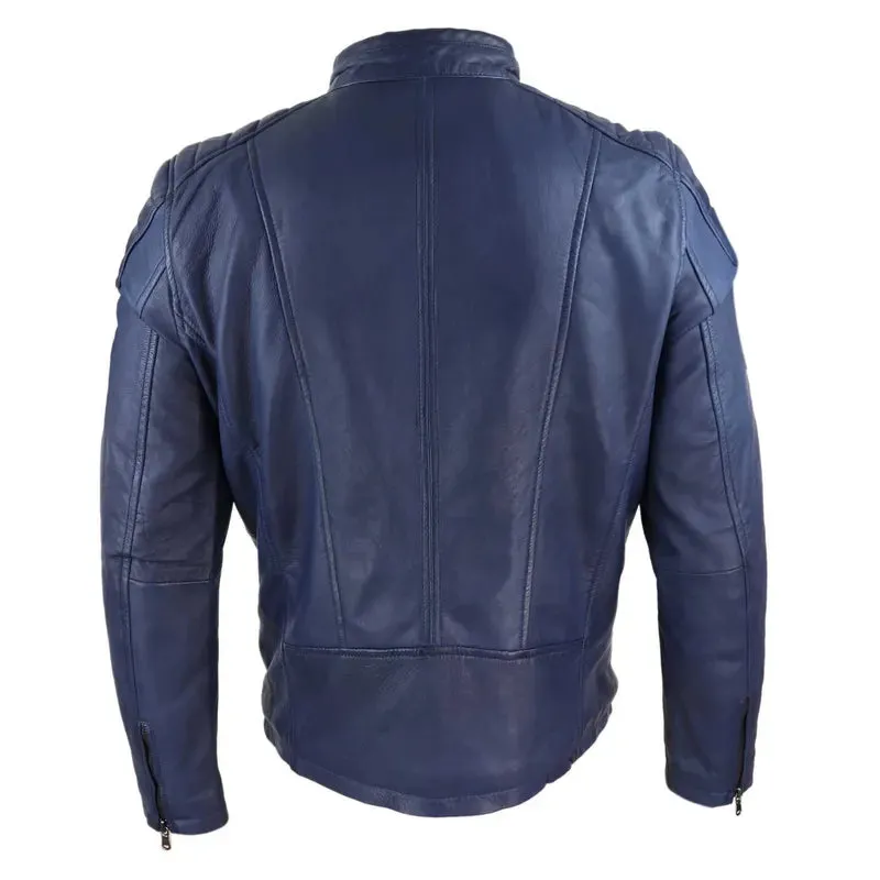 Blue Biker Style Genuine Leather Jacket