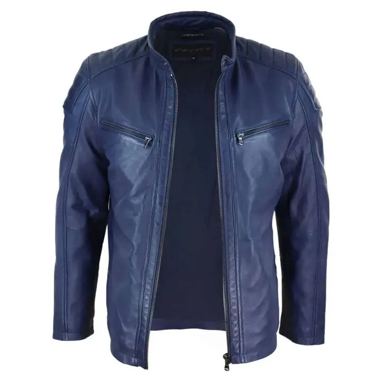 Blue Biker Style Genuine Leather Jacket