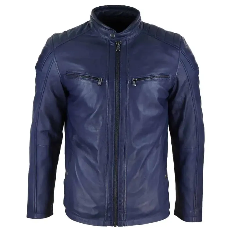 Blue Biker Style Genuine Leather Jacket