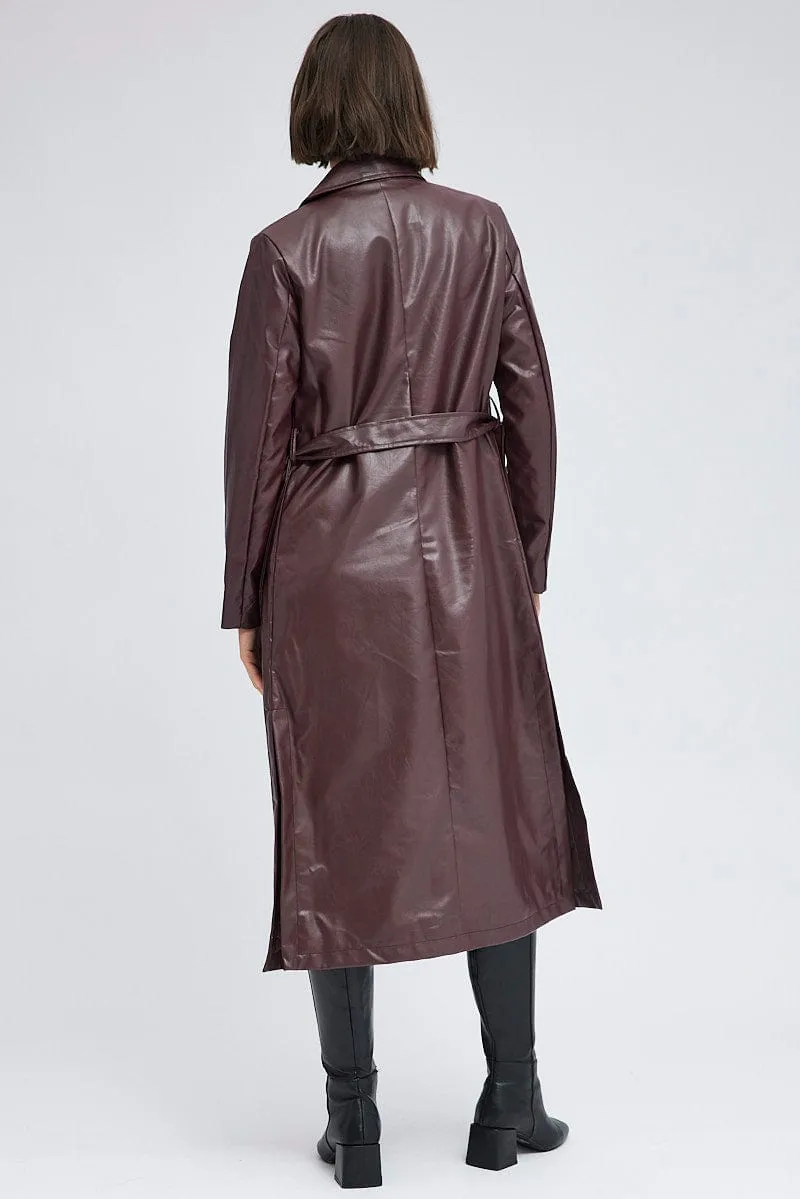 Brown Trench Coat Long Sleeves Faux Leather