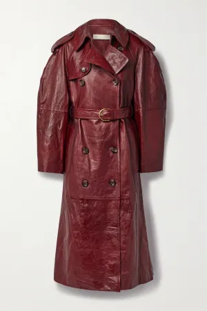 Burgundy belted double-breasted leather trench coat