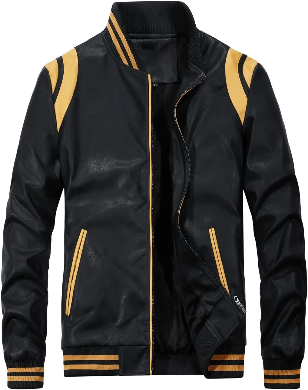 chouyatou Men's Casual Color-Block Patches Full Zip Fleece Lined Pu Leather Varsity Bomber Jacket