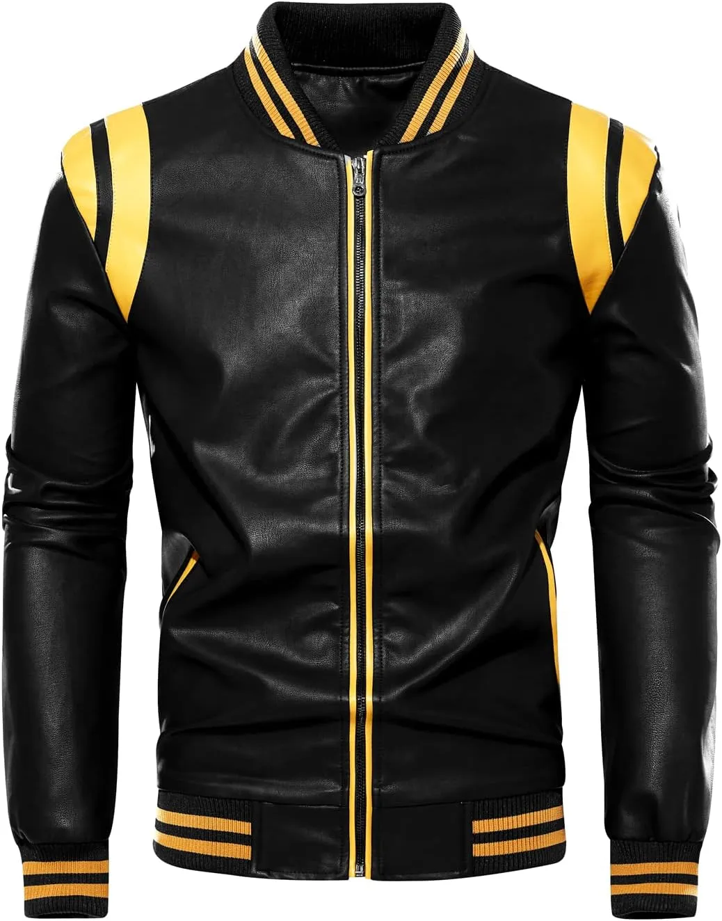 chouyatou Men's Casual Color-Block Patches Full Zip Fleece Lined Pu Leather Varsity Bomber Jacket