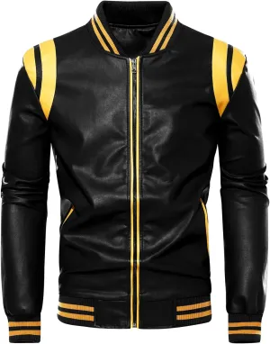 chouyatou Men's Casual Color-Block Patches Full Zip Fleece Lined Pu Leather Varsity Bomber Jacket