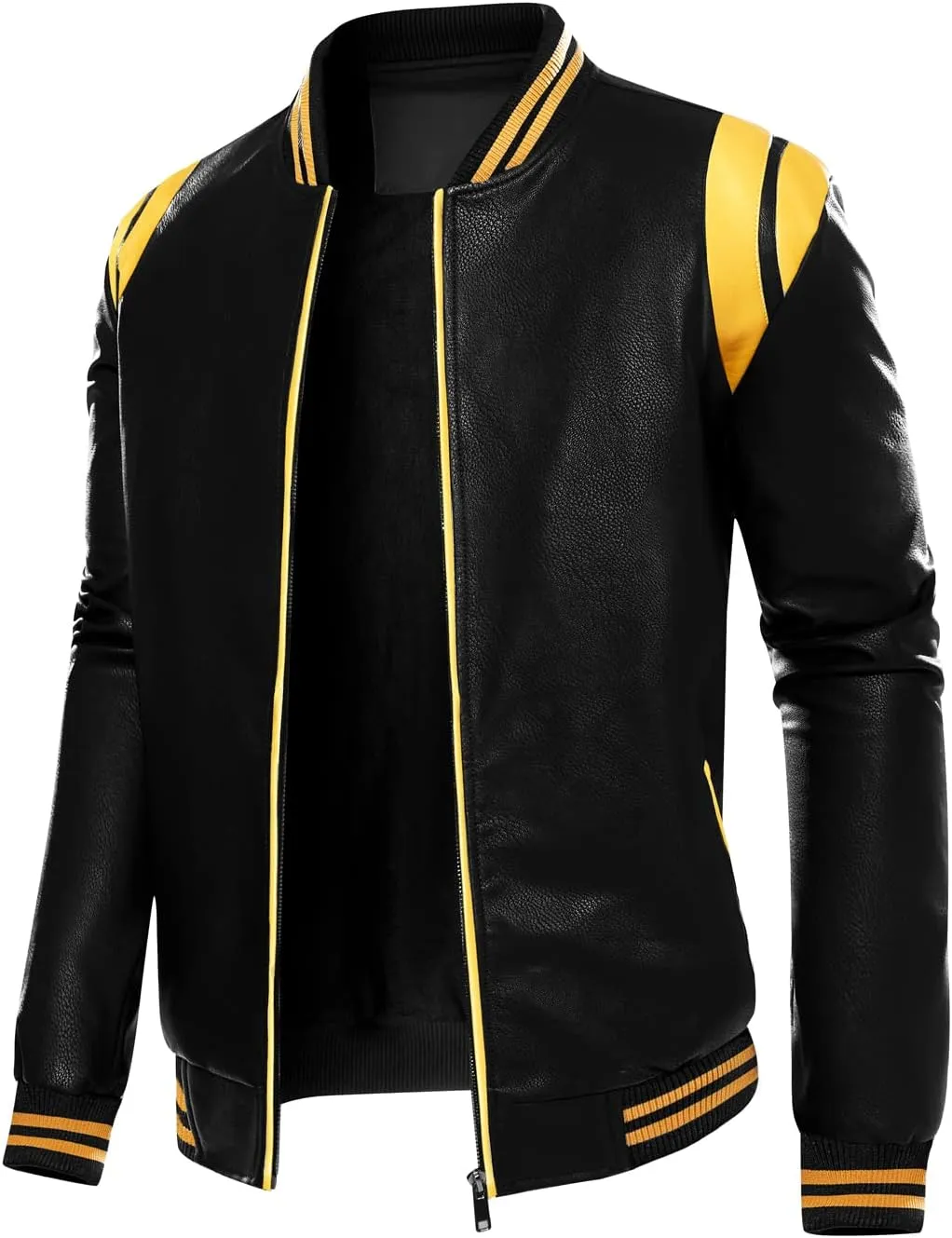 chouyatou Men's Casual Color-Block Patches Full Zip Fleece Lined Pu Leather Varsity Bomber Jacket