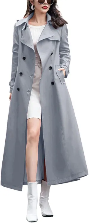 chouyatou Women's Fall Dressy Office Double Breasted Maxi Long Trench Coat Overcoat