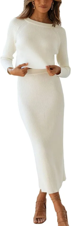 chouyatou Women's Ribbed Sweater Sets Crop Top and Maxi Bodycon Skirt Sets 2 Piece Outfits