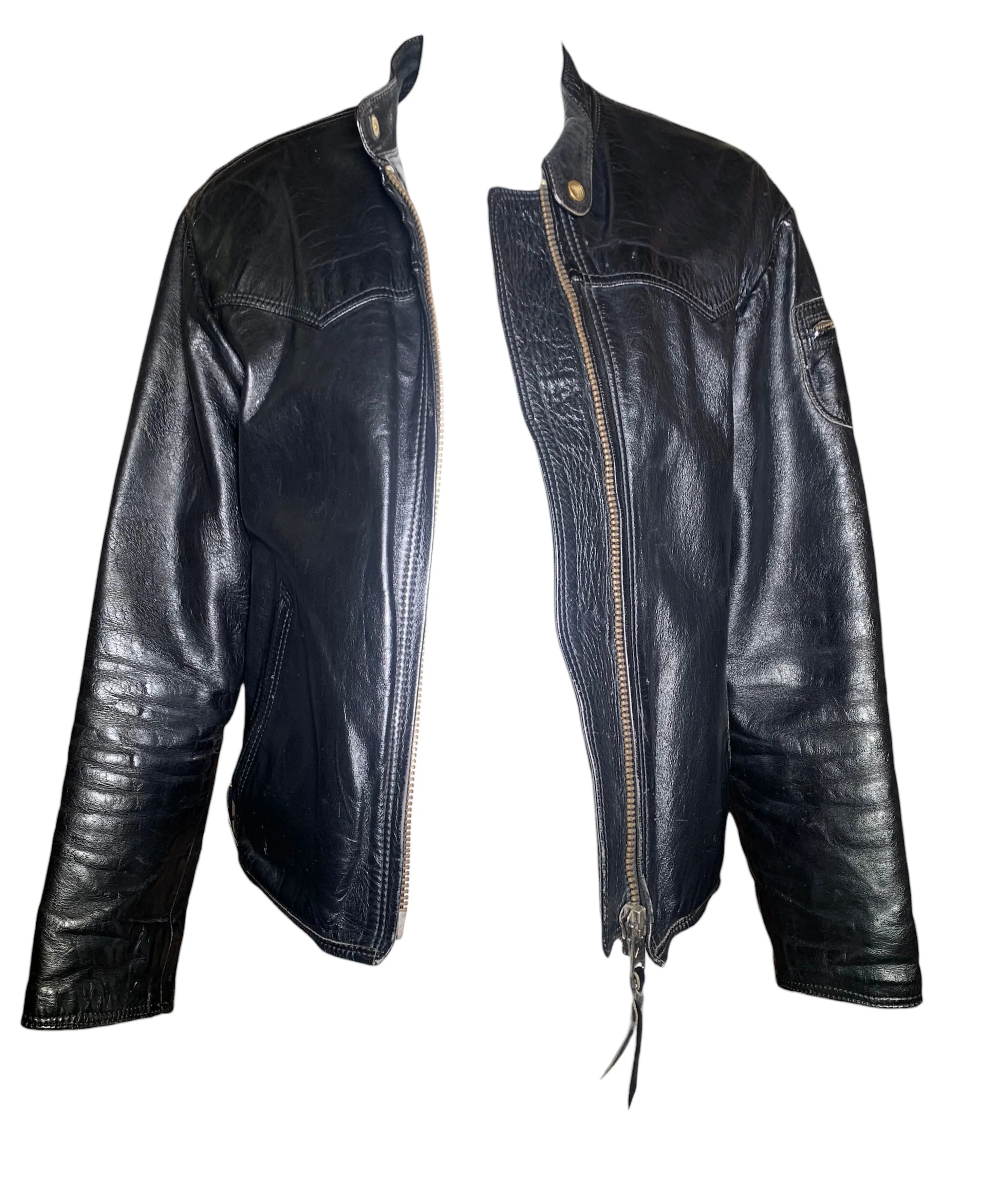 Classic 1960s Black Leather Café Racer Motorcycle Jacket with Denim Lining
