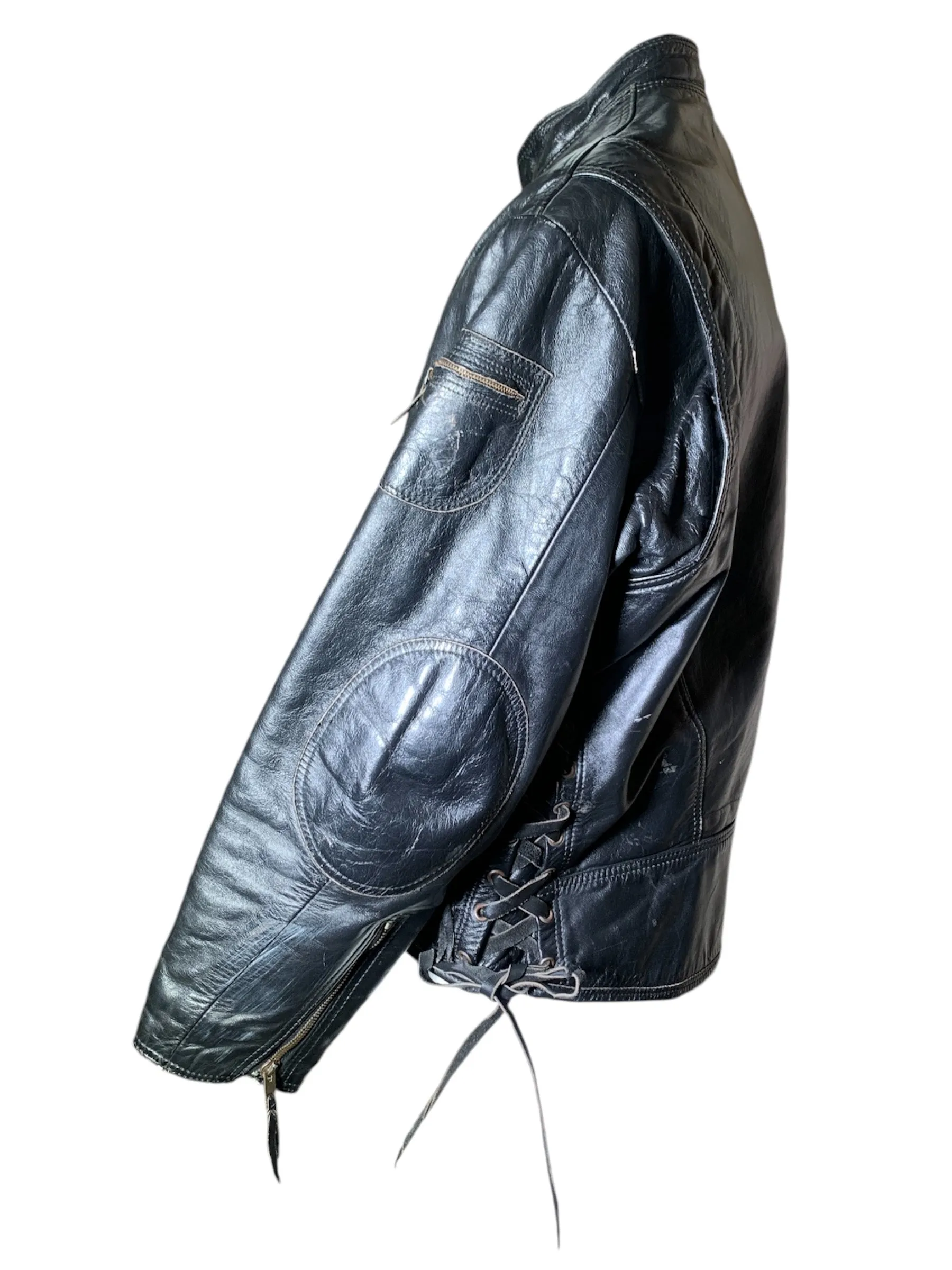 Classic 1960s Black Leather Café Racer Motorcycle Jacket with Denim Lining