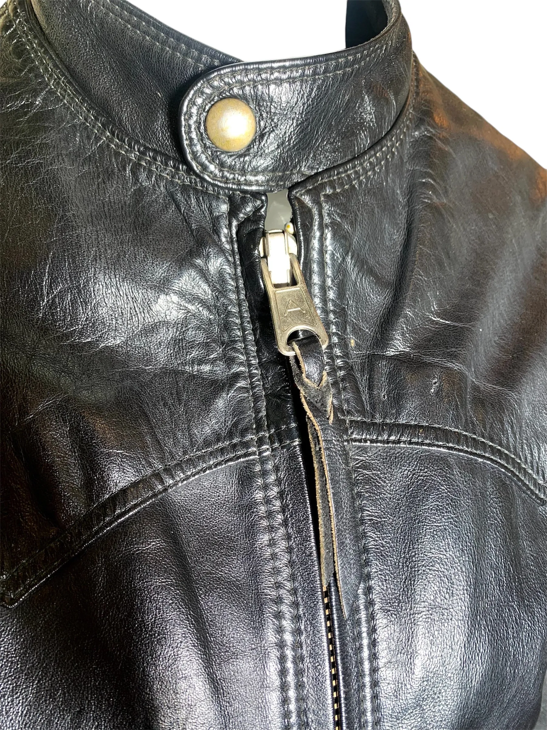 Classic 1960s Black Leather Café Racer Motorcycle Jacket with Denim Lining