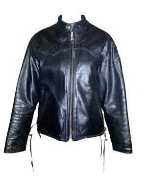 Classic 1960s Black Leather Café Racer Motorcycle Jacket with Denim Lining