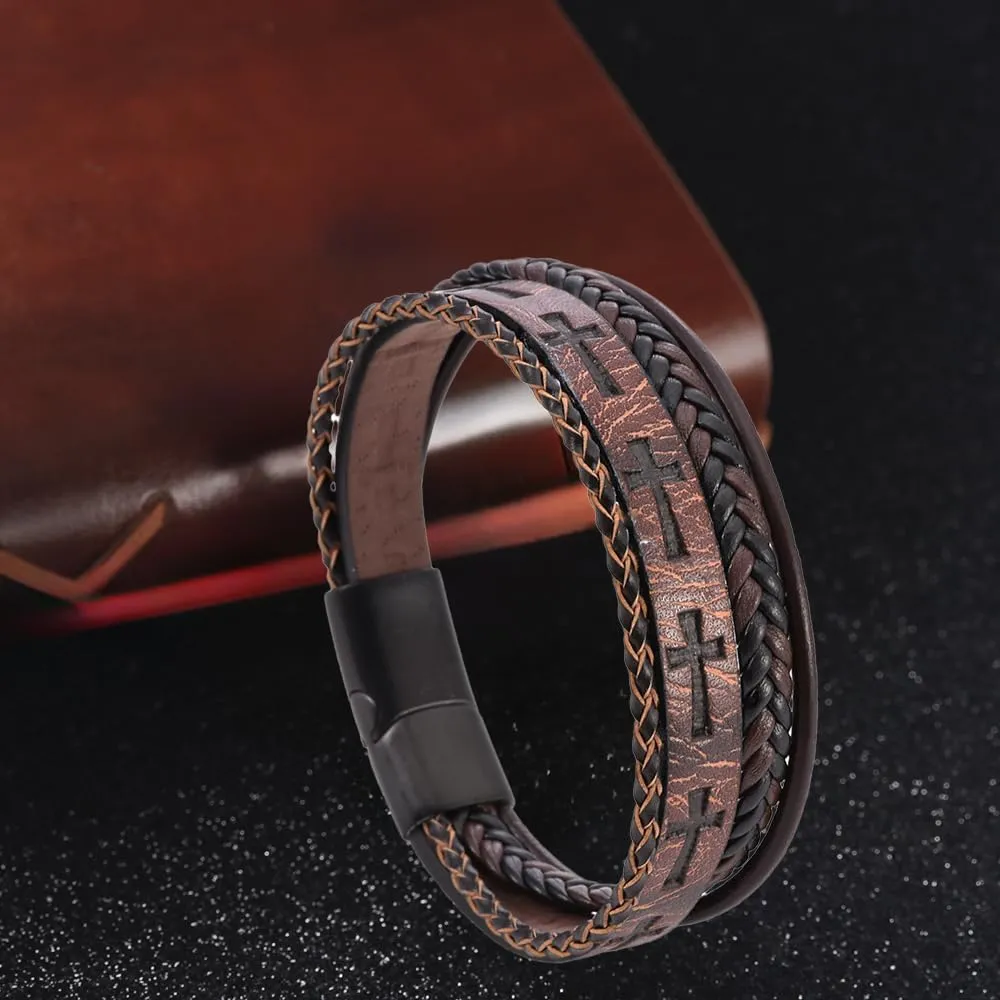 Cross Bracelet for Man,Men's Black/Brown Leather Cross Bracelet with Stainless Steel Buckle, Multi-Layer Woven Faith t, Religious Wristband