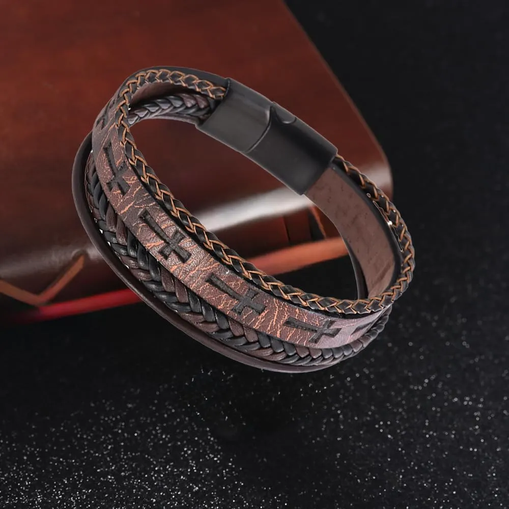 Cross Bracelet for Man,Men's Black/Brown Leather Cross Bracelet with Stainless Steel Buckle, Multi-Layer Woven Faith t, Religious Wristband