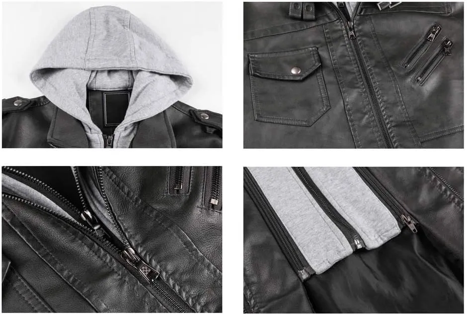 CRYSULLY Men's Leather Jacket-Fall Winter Vintage Motorcycle Biker Jacket with Removable Hood