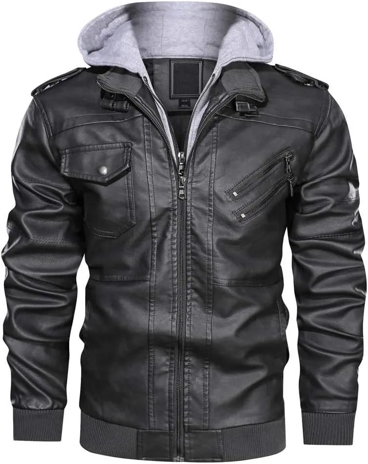 CRYSULLY Men's Leather Jacket-Fall Winter Vintage Motorcycle Biker Jacket with Removable Hood