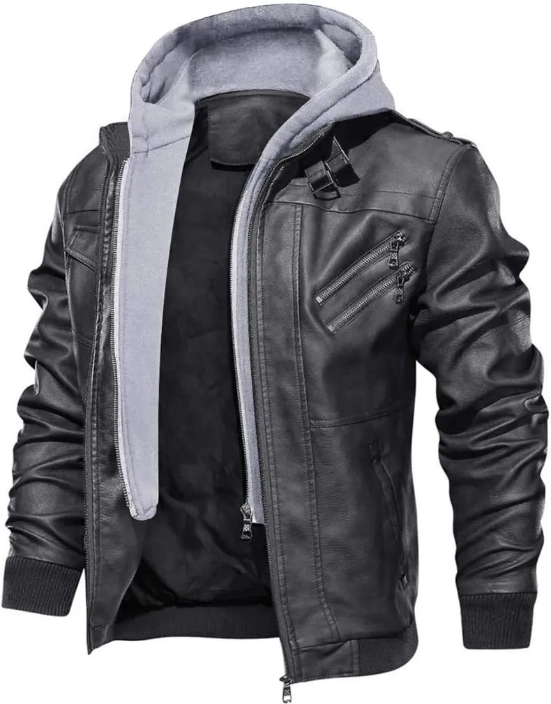 CRYSULLY Men's Leather Jacket-Fall Winter Vintage Motorcycle Biker Jacket with Removable Hood