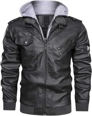 CRYSULLY Men's Leather Jacket-Fall Winter Vintage Motorcycle Biker Jacket with Removable Hood