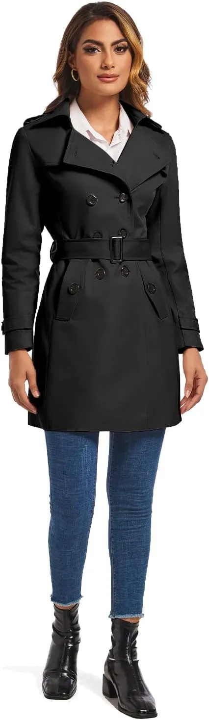 FARVALUE Women's Double Breasted Trench Coat Water Resistant Windbreaker Classic Belted Lapel Overcoat